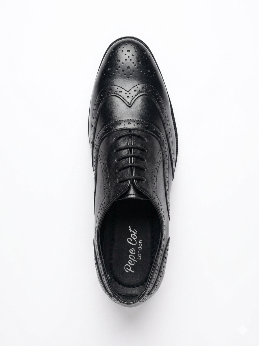 Pepecot London Premium Black Leather Wingtip Brogue Shoes - Classic Formal Lace-Up